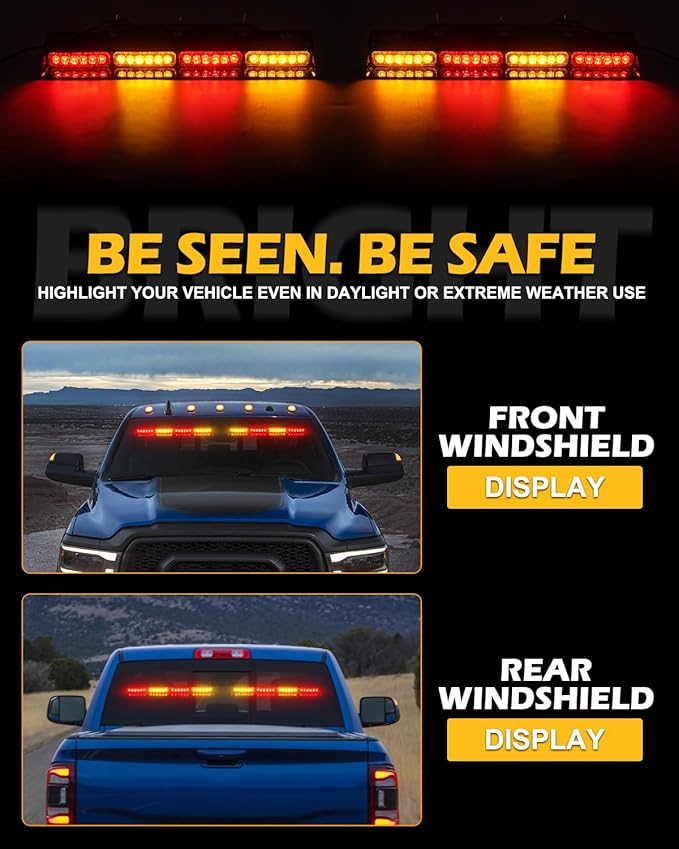 HLauto 604N Emergency Dash Strobe Lights: 2x16.8 inch Amber Red Security Light w/Take Down, 48 LED Safety Flashing Warning Hazard Interior Windshield Light Bar for Trucks Vehicles
