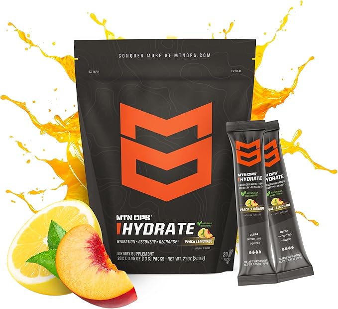 MTN OPS Hydrate Low Sugar Electrolyte Powder Drink Mix with 1g D-Ribose Sugar, Naturally Sweetened with Monk Fruit, On-The-Go Packs, 20 Stick Packs, Peach Lemonade