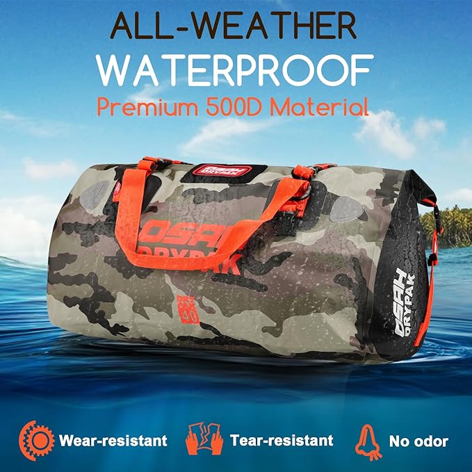 OSAH DRYPAK Waterproof Duffel Bag - Motorcycle Dry Bag Tail Bag with Large Storage Space, Waterproof Luggage Duffle Bags with Outer Mesh Zipper Pocket for Camping, Kayaking, Fishing & Traveling