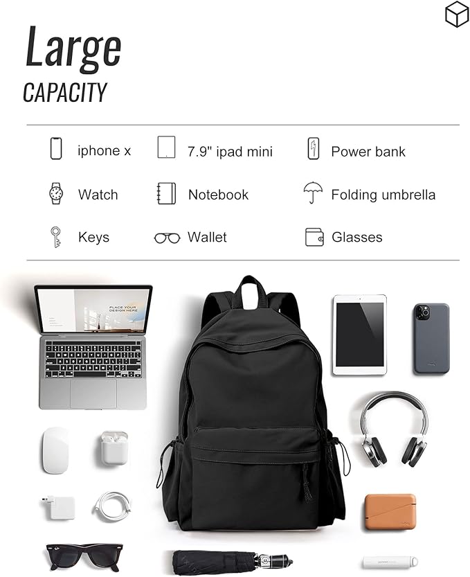 BJLFS Black School Backpack for Girls Women, Waterproof High School Book Bag Cute Backpack for Men Teens Boys, Small Lightweight Simple Basic Middle School Back Pack Daypack Mochilas Escolares para