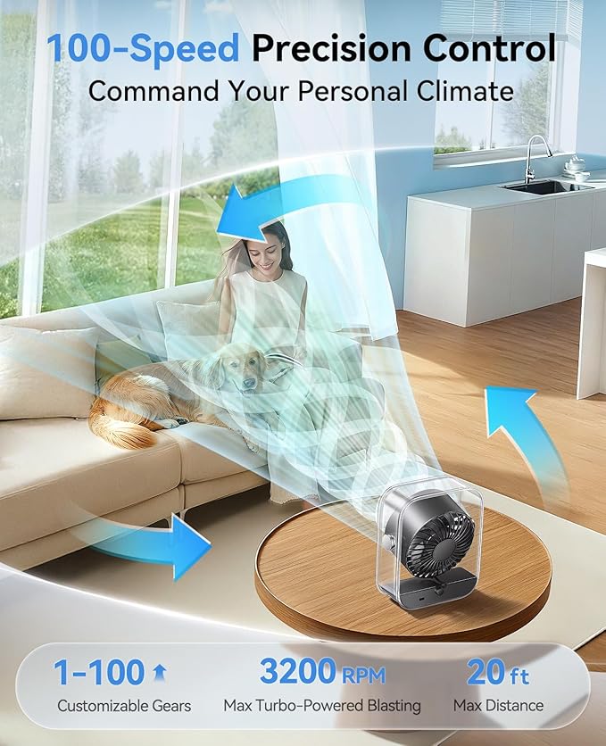 DIGIX Portable Desk Fan for Bedroom, Rechargeable Small Table Fan with 100 Speeds, 90° Rotation, Turbo Airflow, LED Display, Quiet Personal USB Cooling Fan for Office Home Travel Camping, Purple
