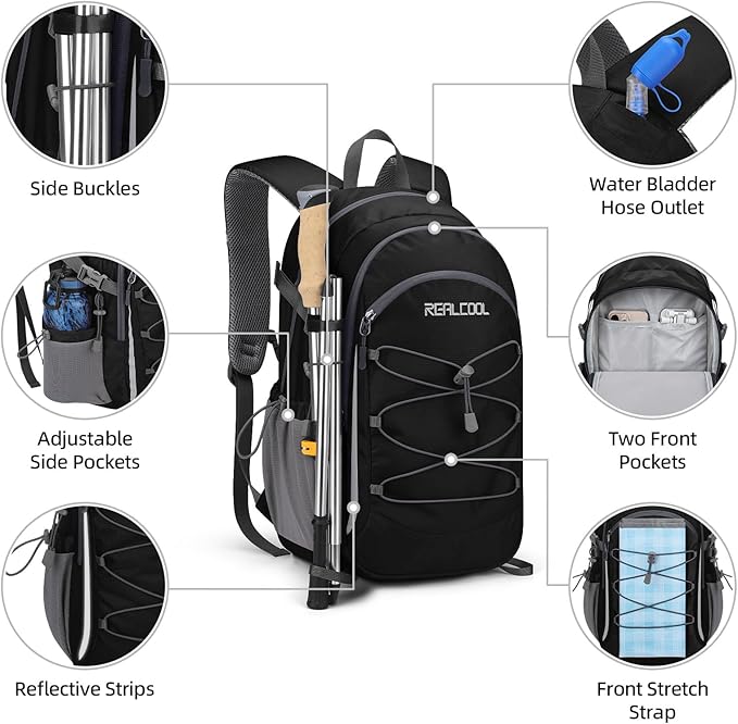 RealCool Hiking Backpack for Men Women,30L Lightweight Waterproof Travel Camping Backpack Hiking Daypack for Cycling Running,Black