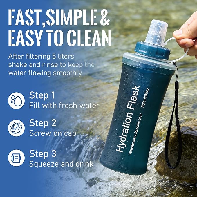 1L Collapsible Water Bottle with Filter for Hiking, Camping & Travel - TPU Soft Flask, 0.1 Micrometer Hollow Fiber Membrane for Clearer, Better Tasting Outdoor Water(Hunter Green)