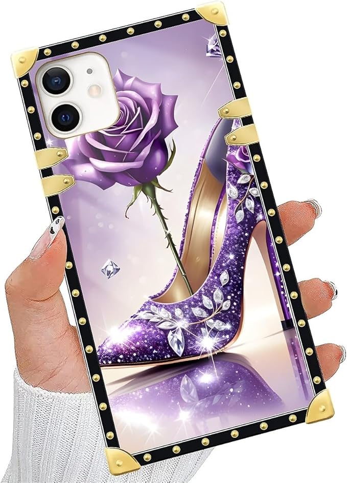 Compatible with iPhone 11 Case, High Heeled Purple Diamond Rose Luxury Golden Decoration for Girl Women Soft TPU Shockproof Protective Hard PC Back for iPhone 11
