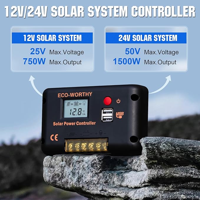 ECO-WORTHY 30A Solar Charger Controller Bluetooth,Solar Panel Battery Intelligent Regulator with Dual USB Ports Auto 12/24V PWM Negative Ground for Lithium,Lead-Acid,Gel Battery