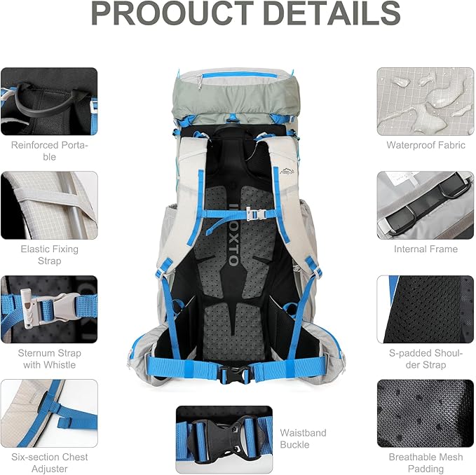 IX INOXTO 55L Internal Frame Waterproof Hiking Camping Backpack with 3L Water Bladder and Rain Cover, Large Lightweight Travel Daypack Rucksack for Climbing (Light Gray)