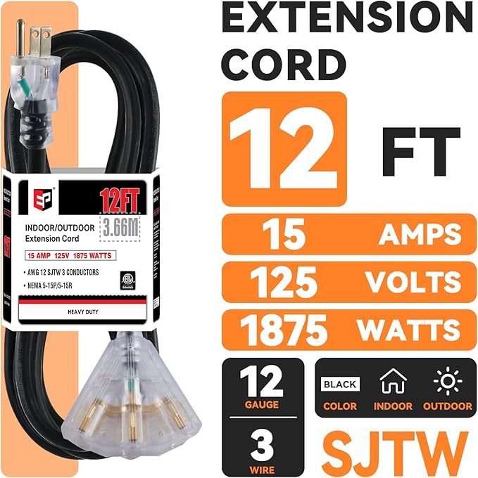EP 12 Ft 12 Gauge Heavy Duty Extension Cord, 15A 125V 1875W, 3 Outlet Indoor/Outdoor Power Cord with Lighted End, 12/3 SJTW Weatherproof Black