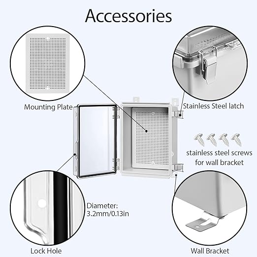 LeMotech Electrical Box, IP67 Waterproof Hinged Clear Cover Stainless Steel Latch Junction Box, ABS Plastic Electrical Enclosure with Mounting Plate,Wall Brackets, Cable Glands,8.7"x6.7"x4.3",Grey
