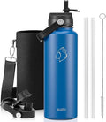 BUZIO Insulated Water Bottle with Straw Lid and Flex Cap,Stainless Steel Water Flask, Modern Double Vacuum Wide Mouth Metal Thermo Canteen, Cold for 48 Hrs Hot for 24 Hrs, 40 Ounces Blue