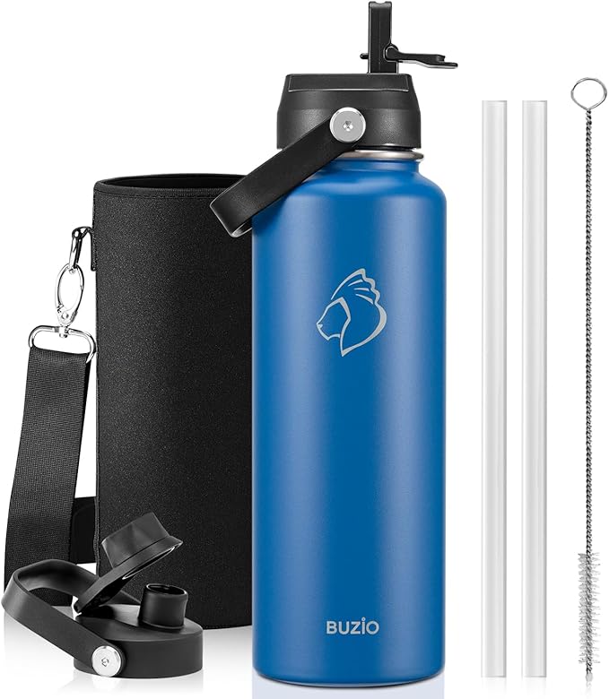 BUZIO Insulated Water Bottle with Straw Lid and Flex Cap,Stainless Steel Water Flask, Modern Double Vacuum Wide Mouth Metal Thermo Canteen, Cold for 48 Hrs Hot for 24 Hrs, 40 Ounces Blue