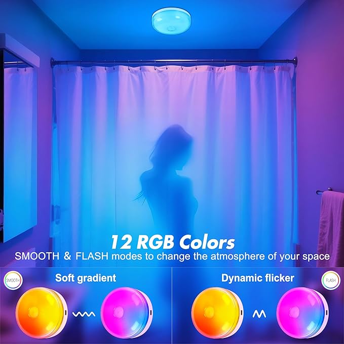2-Pack Rechargeable Shower Light No Wiring, 15 RGBW Color Changeable Waterproof Lights for Shower with Remote(Dimmable＆Timer), LED Light for Inside Shower, Wireless Mood Lighting for Bathroom, White