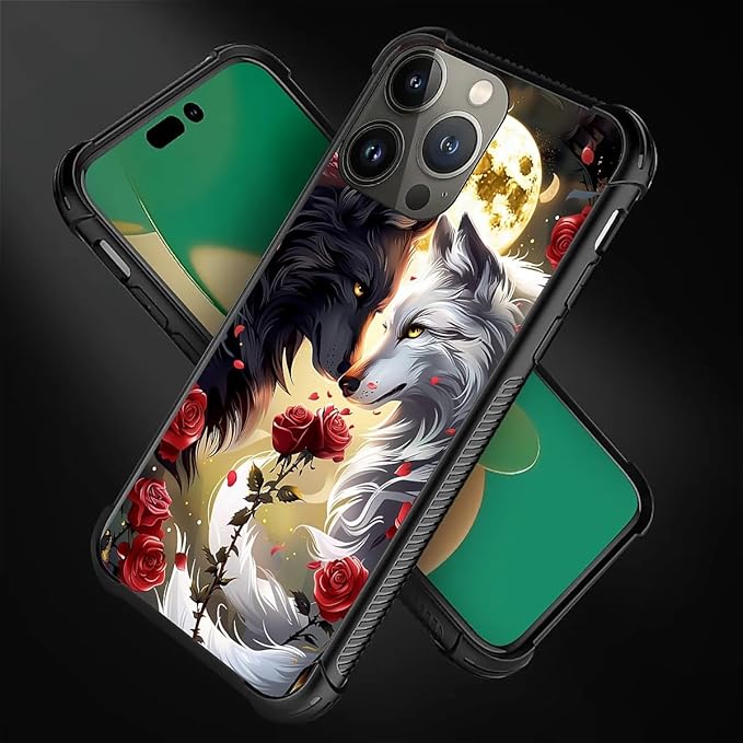 for iPhone 13 Pro Case, Black White Wolf Moon Flower Rose Pattern Graphic Design Girl Boy Soft Silicone Hard Acrylic Shock Protection for iPhone 13 Pro