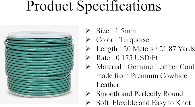 GENIQUE Real/Genuine Round Leather String Cord for Necklace, Bracelets, Jewelry, Kumihimo Braiding, DIY Projects (20 Metres) (1.5mm, Turquoise)