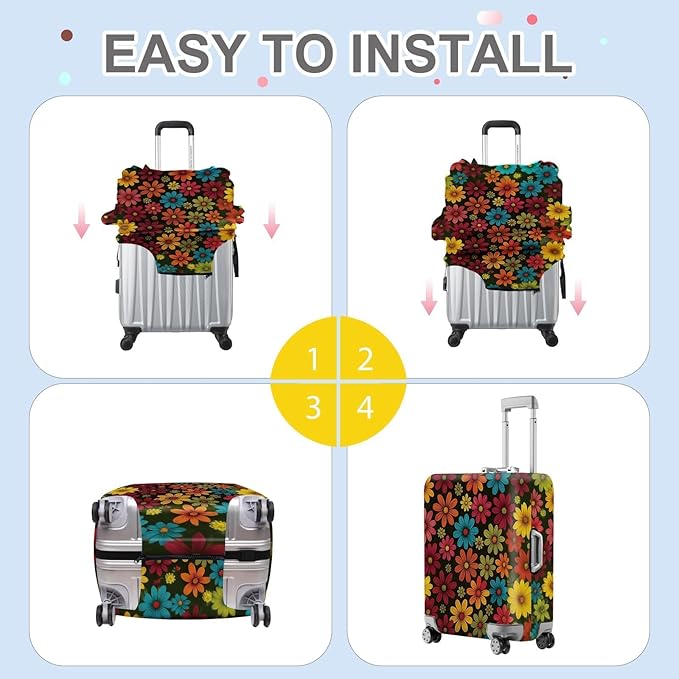 ANNA QUEEN Colorful Flower Luggage Cover, Retro Floral Suitcase Protector, Stretchable Washable Cover for 28-30 Inch Luggage