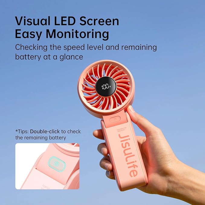 JISULIFE Handheld Fan Life7 – Ultimate Flexibility: Wide & Strong Airflow, 19.5H Max Cooling, 5000mAh Rechargeable, 5-Speed, LED Display, 3 IN 1 Portable Fan for Travel, Concerts, Sports Events(Pink)