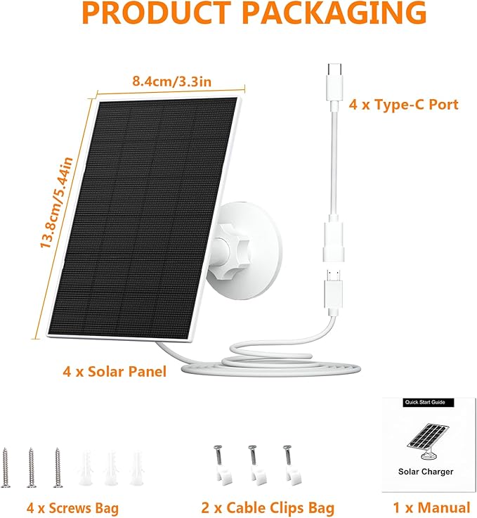 Zivif Solar Panel Charger for Security Cameras, 2W Solar Panel with Micro USB & USB-C Ports for Rechargeable Battery Camera, 360° Adjustable Mount (4 Pack)