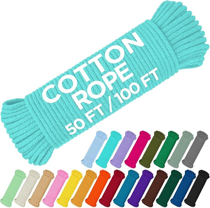 TECEUM Cotton Rope 3/16” (5 mm) – 100 FT – Strong All-Purpose Braided Rope – Natural Cotton – for Crafting, Сamping, Clothes Line, DIY, Indoor & Outdoor Use – Turqouise