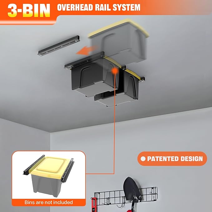 TORACK Garage Ceiling Bin Storage Rack, Overhead Tote Storage Rail System Heavy Duty Adjustable Tote Slide Rails(for 3 Bins, Bins are not included)