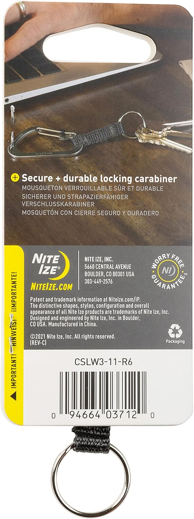 Nite Ize SlideLock Key Ring, Aluminum Locking Carabiner Key Chain with Webbing, Stainless Steel