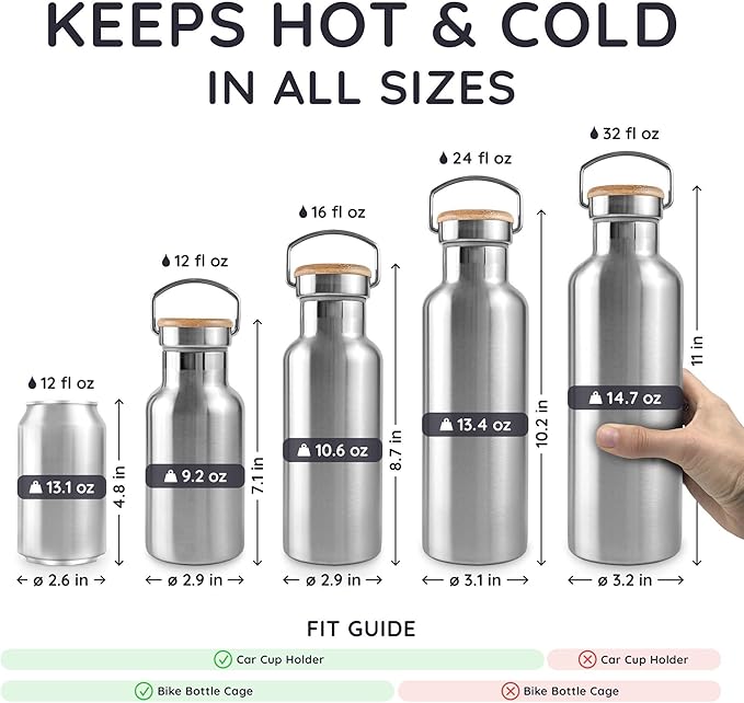 Bambaw Metal Insulated Water Bottle 16 oz, Stainless Steel Water Bottle Insulated, Reusable, Keeps Drinks Cold for 24h Cold & Hot for 12h, With Wide Mouth That Fits Tea Balls (Natural Steel)