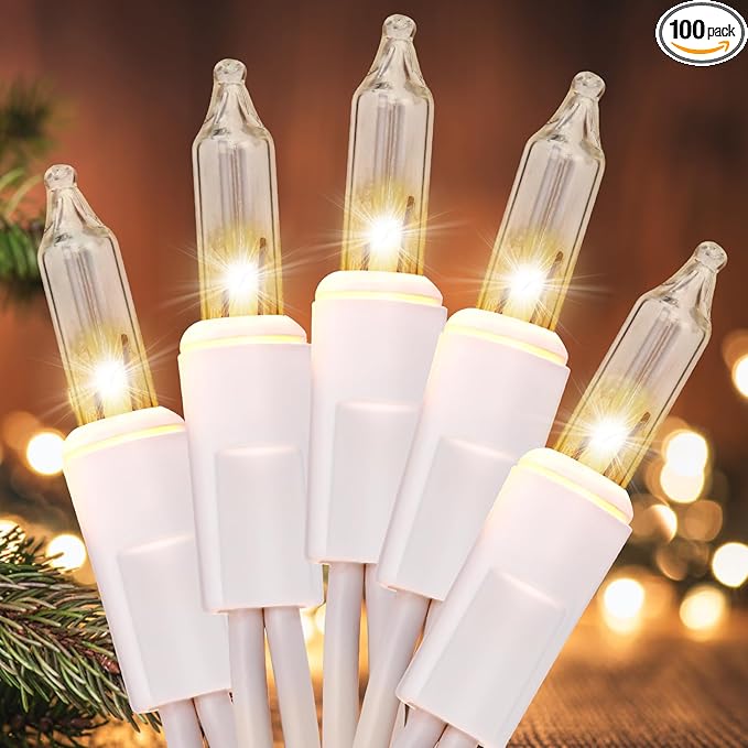 Meteds Christmas Lights 100 Count Clear White Wire UL Certified Connectable Warm White String Lights for Christmas Tree,Garland,Home,Patio, Wedding,Party,Festival Decor