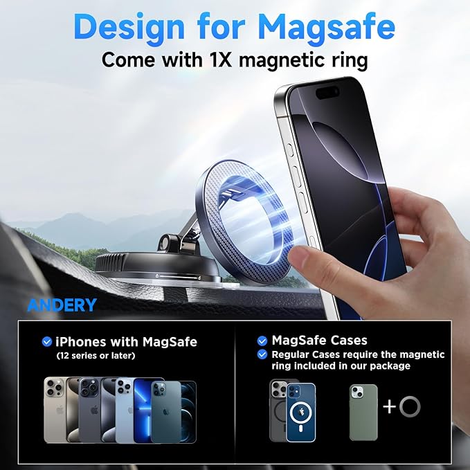 ANDERY Car Phone Holder for Magsafe [78+LBS Strongest Suction & 2400gf Magnetic] 360° Adjustable Car Phone Mount, Phone Holders for Your Car for iPhone 17-12 Pro Max Plus Air, Carbon Fiber