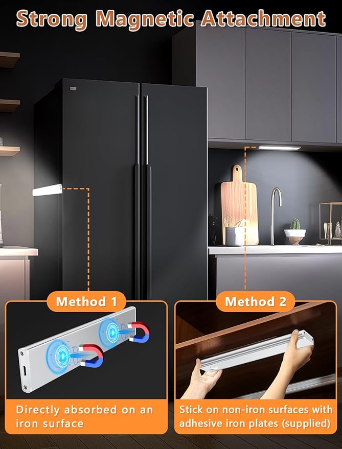 Under Cabinet Motion Sensor Lighting: 8 Inch Dimmable Rechargeable Lights Indoor - Battery Operated Lights - Undercabinet Closet Light Magnetic Led Light for Kitchen Home Bathroom Counter 4 Pack