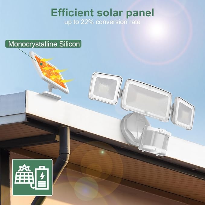 GLORIOUS-LITE Solar Security Lights 2400mAh LED Motion Sensor Light Outdoor, Rechargable 1600lm Solar Flood Light, 5500-6000K, IP 65 Waterproof for Garage, Yard, Porch, Entryways - White