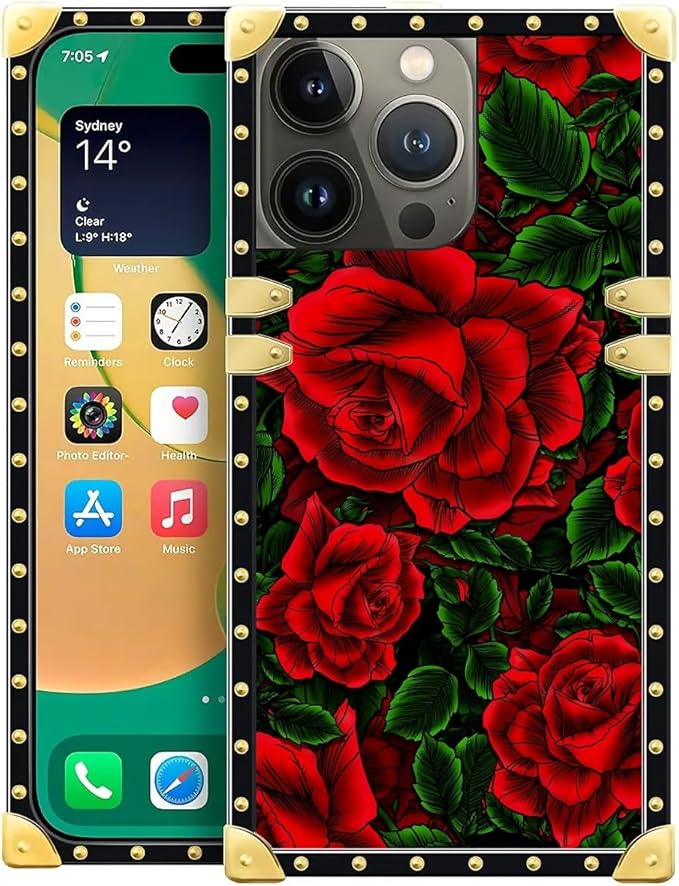 Compatible with iPhone 14 Pro Case, Vector Red Rose Green Leaf Luxury Golden Decoration for Girl Women Soft TPU Shockproof Protective Hard PC Back for iPhone 14 Pro
