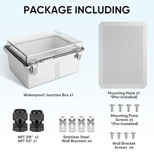 TICONN Outdoor Electrical Box Waterproof, Junction Box IP67 ABS Plastic Enclosure with Hinged Cover with Mounting Plate, Wall Brackets, Cable Glands (Clear, 17.7"x13.8"x7.9")