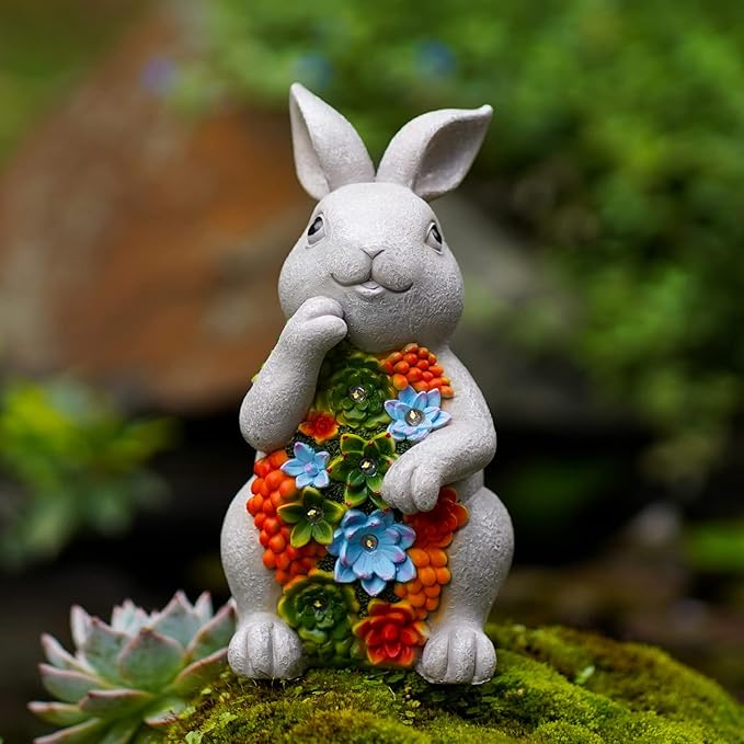 Nacome Solar Garden Outdoor Statues Bunny with Succulent and 7 LED Lights – Lawn Decor for Patio, Balcony, Yard Ornament for Mom Grandma Women