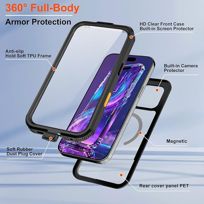 Phone Case for iPhone 17 Pro, IP68 Submersible [6.6FT] Military Grade Waterproof Shockproof with MagSafe Compatible Wireless Charging, Built-in Screen Protector for Swimming Outdoor Sports
