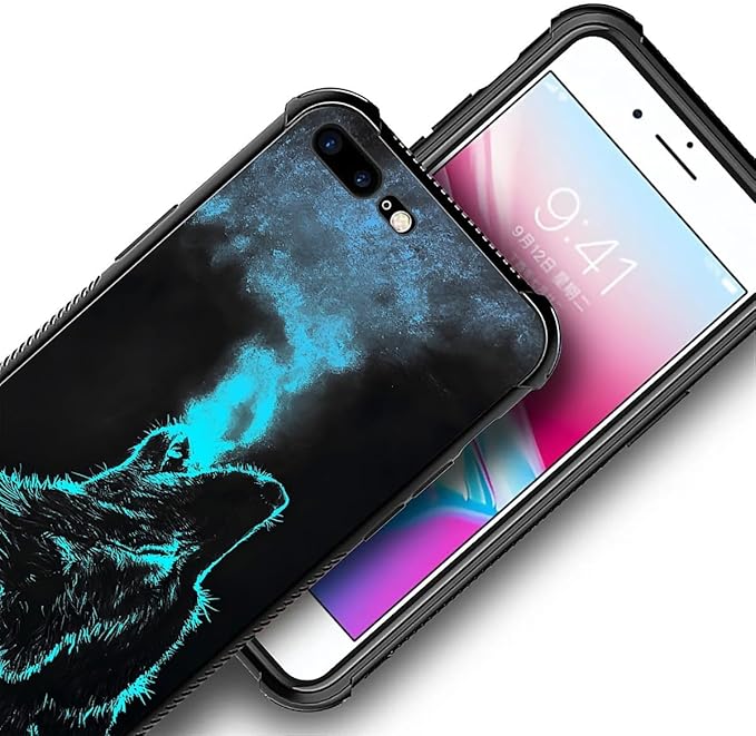 for iPhone 7/8 Case, Blue Breathing Wolf Pattern Graphic Design Girl Boy Soft Silicone Hard Acrylic Shock Protection for iPhone 7/8