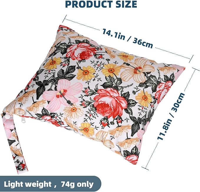 2 Pcs Wet Dry Bags for Baby Cloth Diapers,Washable Travel Bags,Beach,Pool,Gym Bag for Swimsuits or Wet Clothes with 2 Pockets-Floral