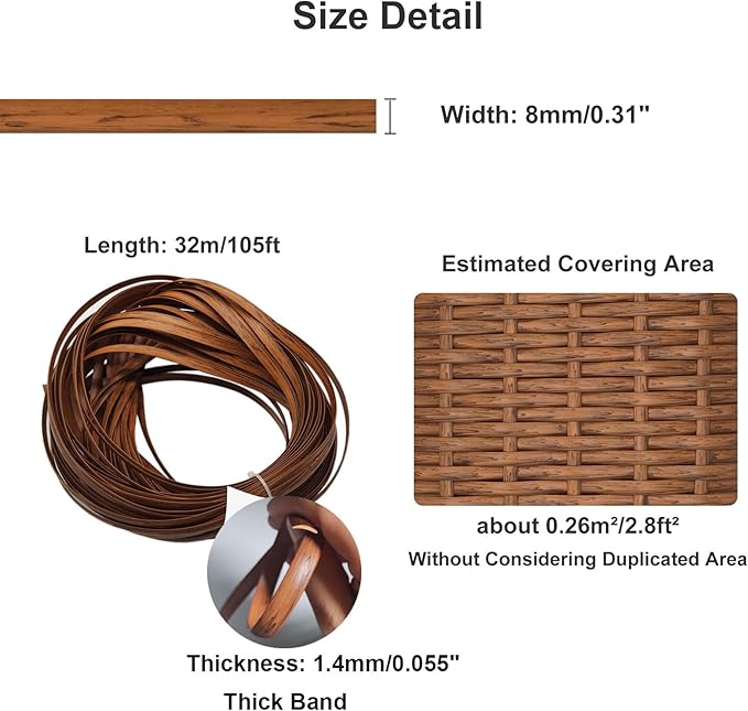 Feyart 32m/105ft 8mm Dark Wood Grain Brown Wicker Repair Kit, PE Rattan Repair Kit for Wicker Chair Fixing, Patio Furniture Repair