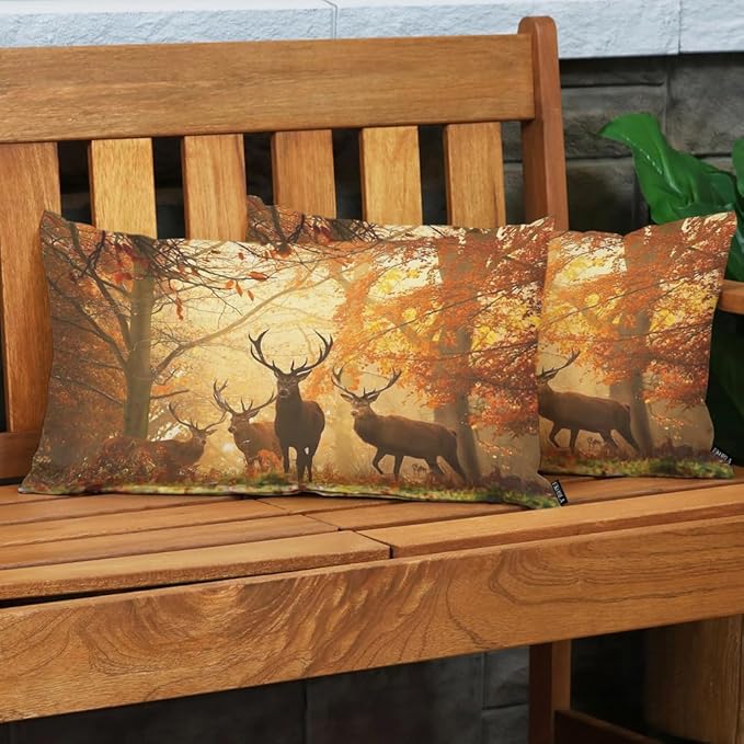 EKOBLA Decorative Lumber Cushion Case Deers Herd of Deer Stand Among The Fall Colors Jungle Trees Autumn Waist Lumbar Cotton Linen Throw Pillow Cases Cushion Cover Rectangular 12x20 Inches