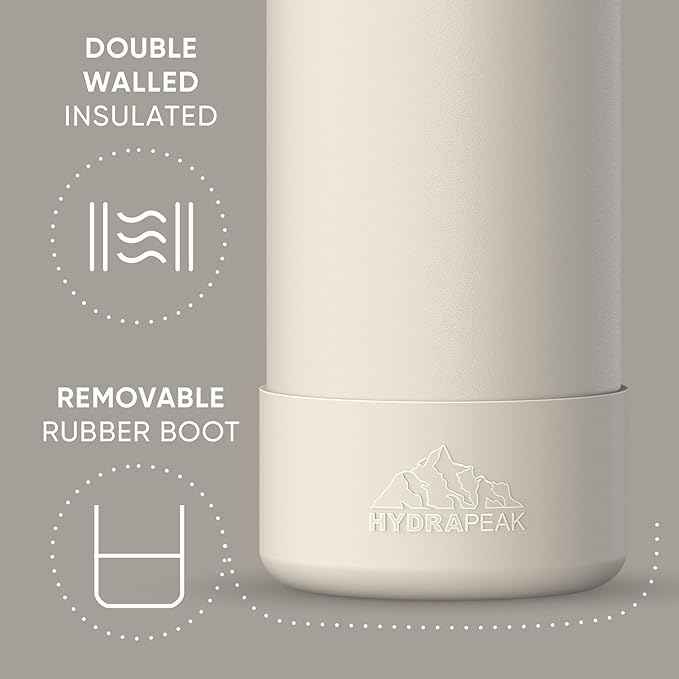 Hydrapeak 32oz Sport Insulated Water Bottle with Straw & Chug Lid, Leak & Spill Proof, Keeps Drinks Cold for 24 Hours, Hot for 12 Hours, Premium Stainless Steel Water Bottles (32oz, Stone)