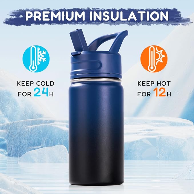 Fijinhom 12oz Kids Water Bottle for School, Toddler Bottles with Straws, Stainless Steel Vacuum Insulated Water Bottle for Boys&Girls, Leak-Proof, BPA-Free, Blue Black