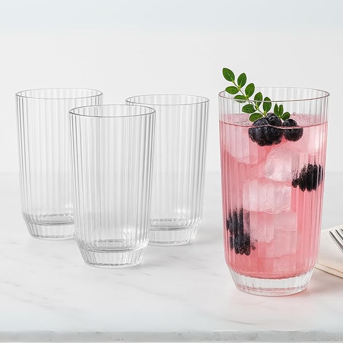 Khen Plastic Acrylic Ribbed Drinking Glasses – Set of 4 Clear 11.8oz Tritan Tumblers, European Style Shatterproof Drinkware – Durable, BPA-Free, Dishwasher Safe, Stackable & Unbreakable Plastic Cups