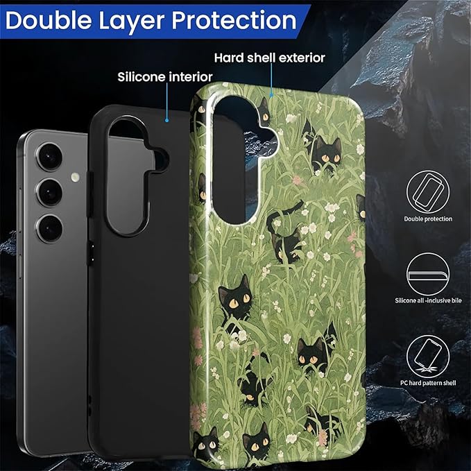 for Samsung Galaxy S24 Plus Case,HL2 Grass Cat Hybrid 2 Layer Hard Shell Silicone Protective Pattern Design Case