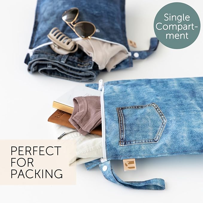 Bumkins Roamio - Waterproof Wet Bag - For Baby, Travel, Swim Suit, Cloth Diapers, Pump Parts, Pool, Gym, Toiletry, Strap to Stroller - Reusable & Easy to Clean - 2pk - Faux Pocket Patch Denim