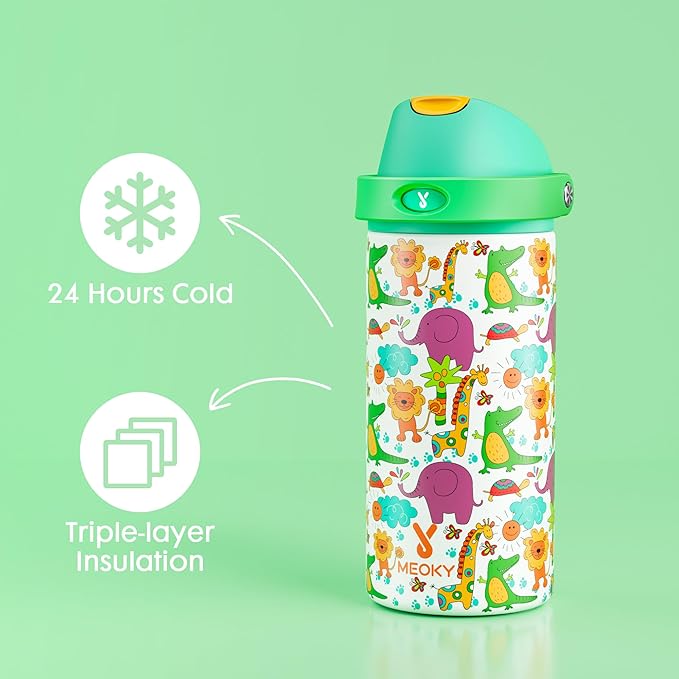 18 oz Kids Water Bottle for School: Meoky 18 oz Stainless Steel Insulated Water Bottle with 2-in-1 Straw and Spout Lid - Leak Proof, Fits in Car Cup Holder, BPA-Free for Teens Boys Girls, Wild Animals