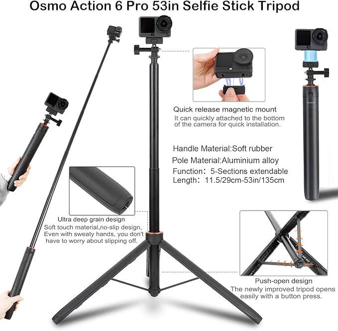PellKing Accessories Kit for DJI Osmo Action 6,Carrying Case with Belt 135cm Selfie Stick Tripod Waterproof Housing Suction Cup Magnetic Handlebar Mount Qucik Release Clip 4 in 1 Body Mount
