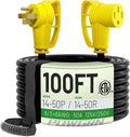 POWGRN NEMA 14-50P to NEMA 14-50R 50 Amp RV/EV Extension Cord 100 FT Outdoor with Grip Handle, Flexible Heavy Duty RV Power Cord Waterproof, 50A 125/250V 6250/12500W STW, Black-Yellow, ETL Listed