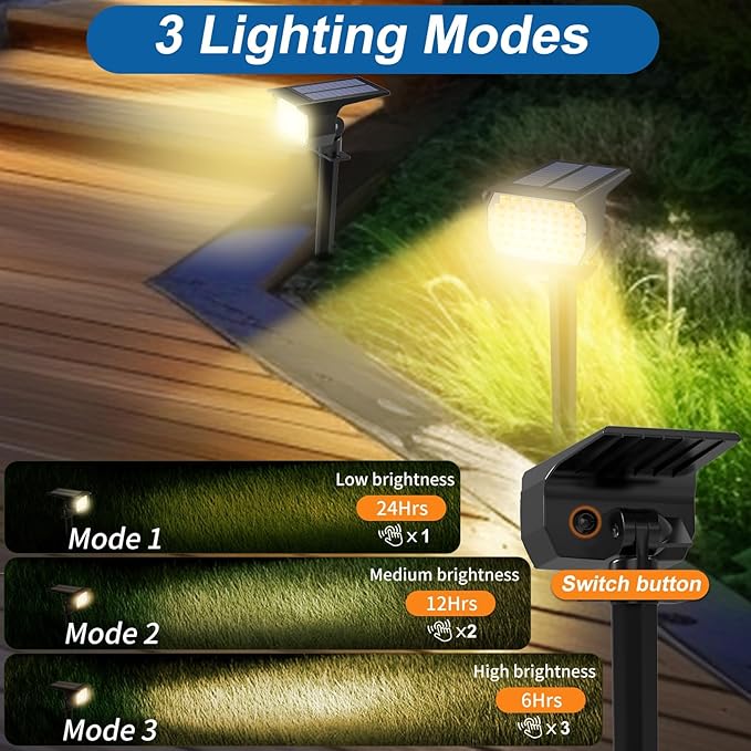 WENATY Solar Spot Lights Outdoor Waterproof IP65, 12 Pack Landscape Spotlights with 46 LEDs, 3 Modes Auto On/Off Solar Powered Flood Lights for Outside Pathway, Yard, Garden, Walkway (Warm White)