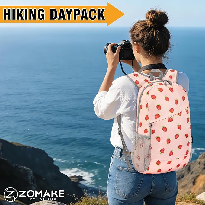 ZOMAKE Lightweight Packable Backpack,Foldable Backpacks Small Daypack for Hiking Water Resistant Day Bag for Travel(Strawberry print)