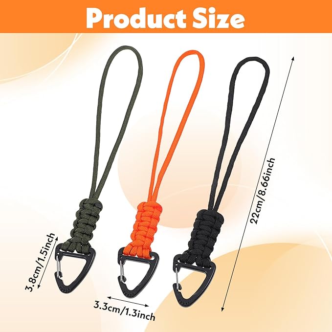 Mabor 3 Pack Paracord Lanyard with Triangle Carabiner Clip – Durable Rope Keychain for Keys, Backpack, Outdoor Survival, Camping & Gear (Black, Army Green, Orange)
