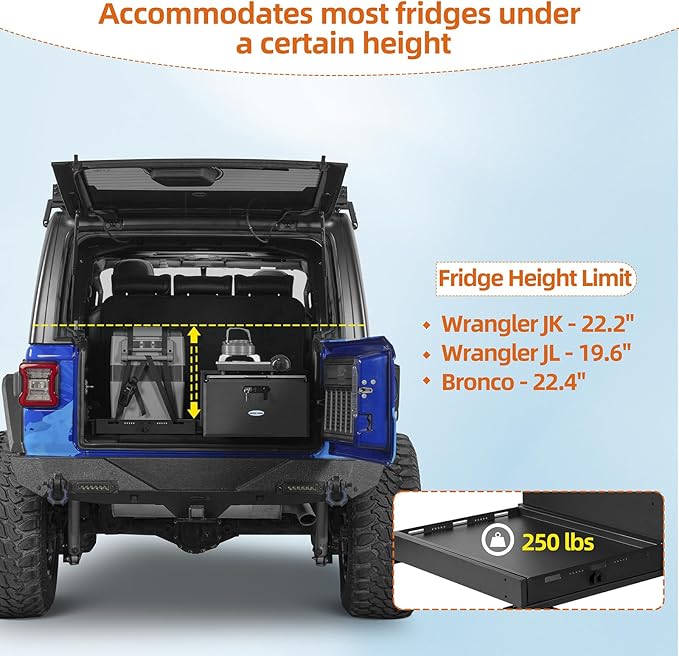 Hooke Road JK/JL/Bronco Trunk Sliding Drawer System & Fridge Slide Mount for 2007-2026 Jeep Wrangler JKU JLU 4-Door & 2021-2026 Ford Bronco 4-Door, Storage Lock Box for Overland Camping Gear