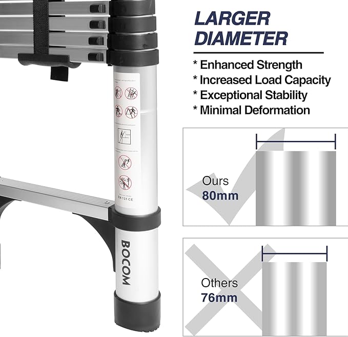 BOCOM 14.5 FT Aluminum Telescoping Ladder with Hooks, Lightweight Multi-Purpose Collapsible Extension with 2 Triangle Stabilizers, Heavy Duty 330 lbs Max Capacity for Home, RV, and Outdoor Work Silver