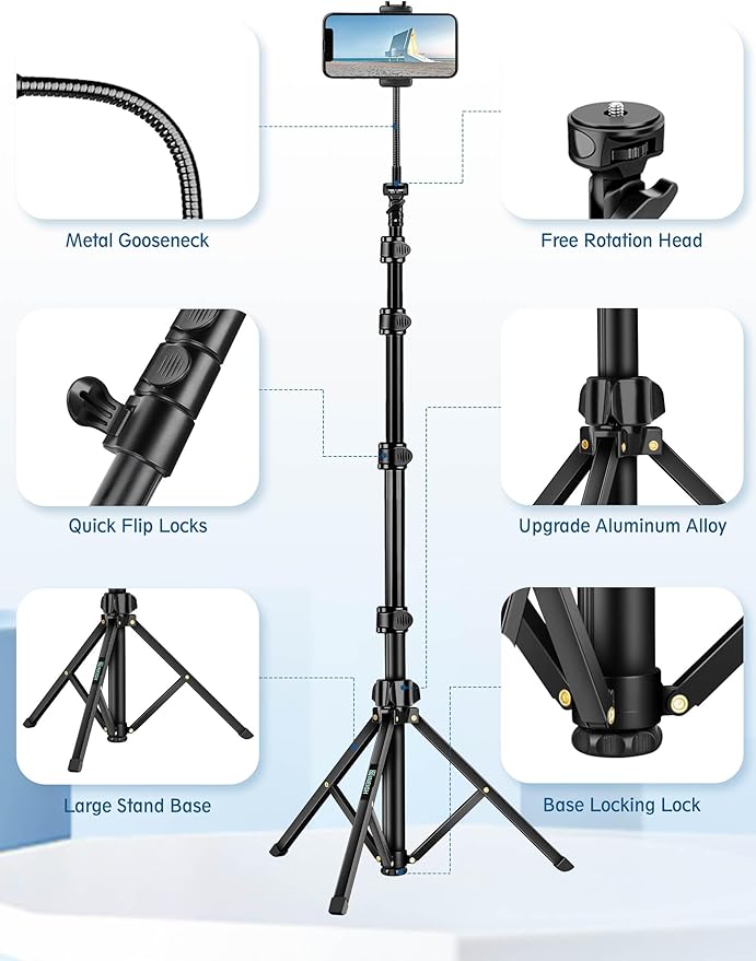 Nineigh Phone Tripod, 85" Tripod for Cell Phone iPhone with Gooseneck, Aluminum Tripods Stand for Video Recording Photo Vlog, Travel Cellphone Tripod with Remote Compatible with iPhone Android